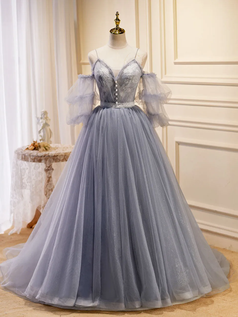 Gray Blue A-Line Tulle Lace Long Prom Dresses, Gray Blue Formal Graduation Dress