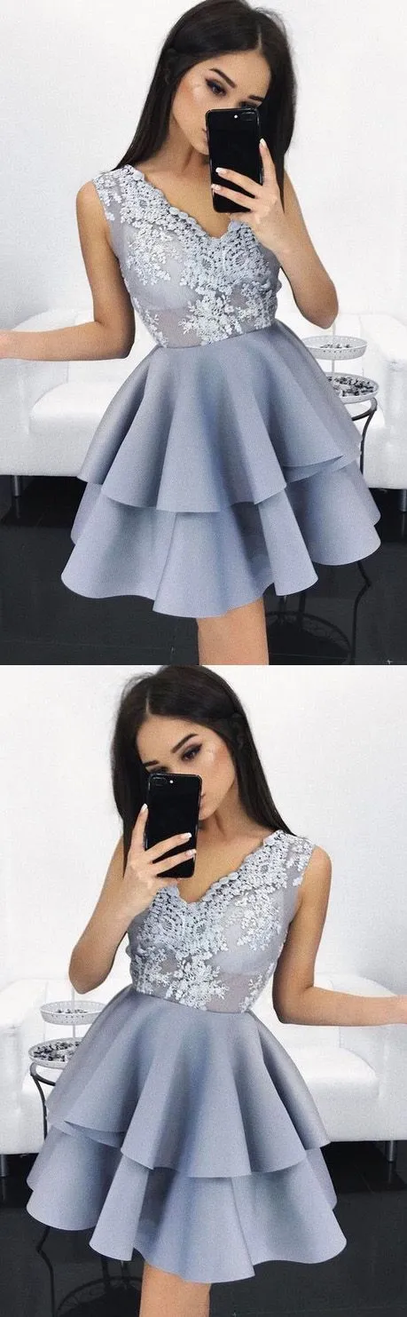 Gray Short V neck Prom Dress for Teens | Homecoming Dress