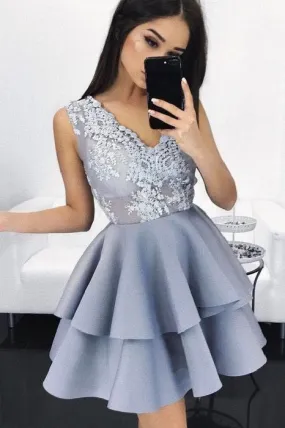 Gray Short V neck Prom Dress for Teens | Homecoming Dress