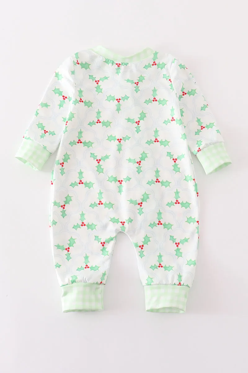 Green christmas holly print boy romper