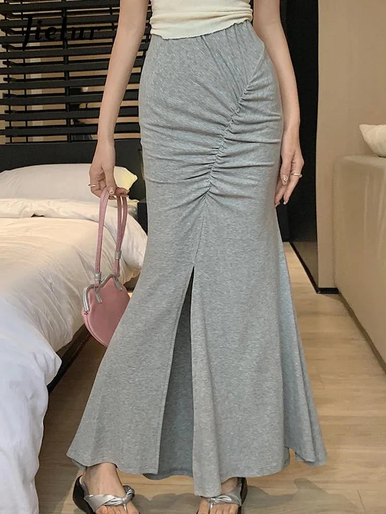 Grey Split Shirring Slim Tight Hip Women Skirts Pleated High Waist A-line Black Trumpet Solid Color Fashion Female Skirt