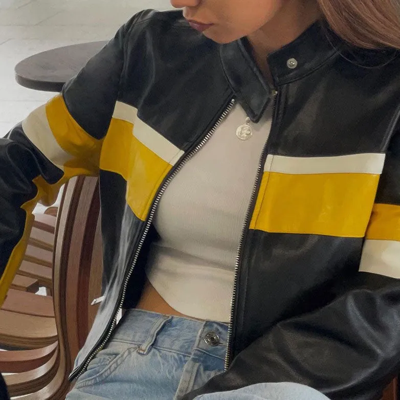 Hemi Striped Faux Leather Cropped Racer Jackets