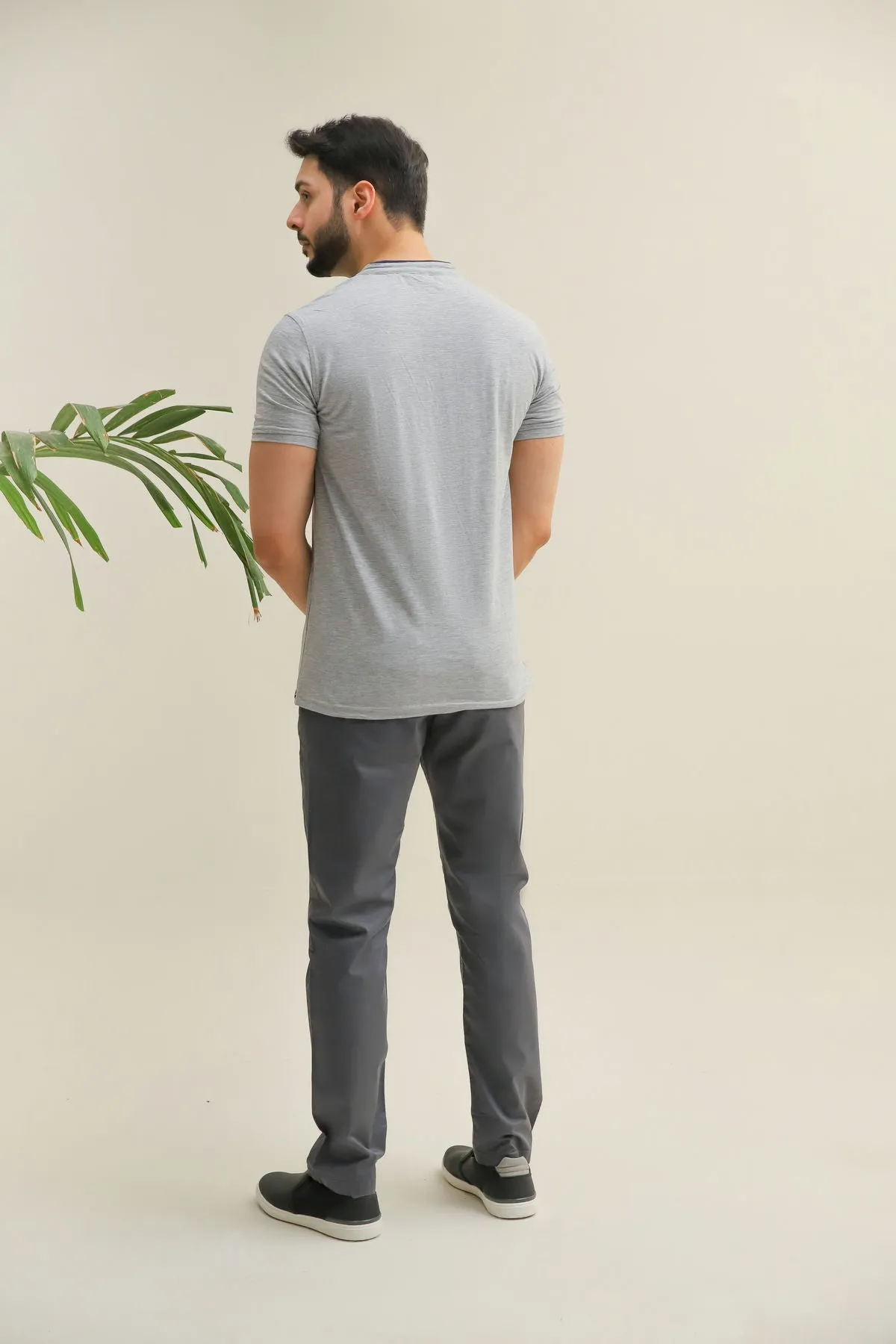 Henley Collar T-Shirt For Men - Heather Grey