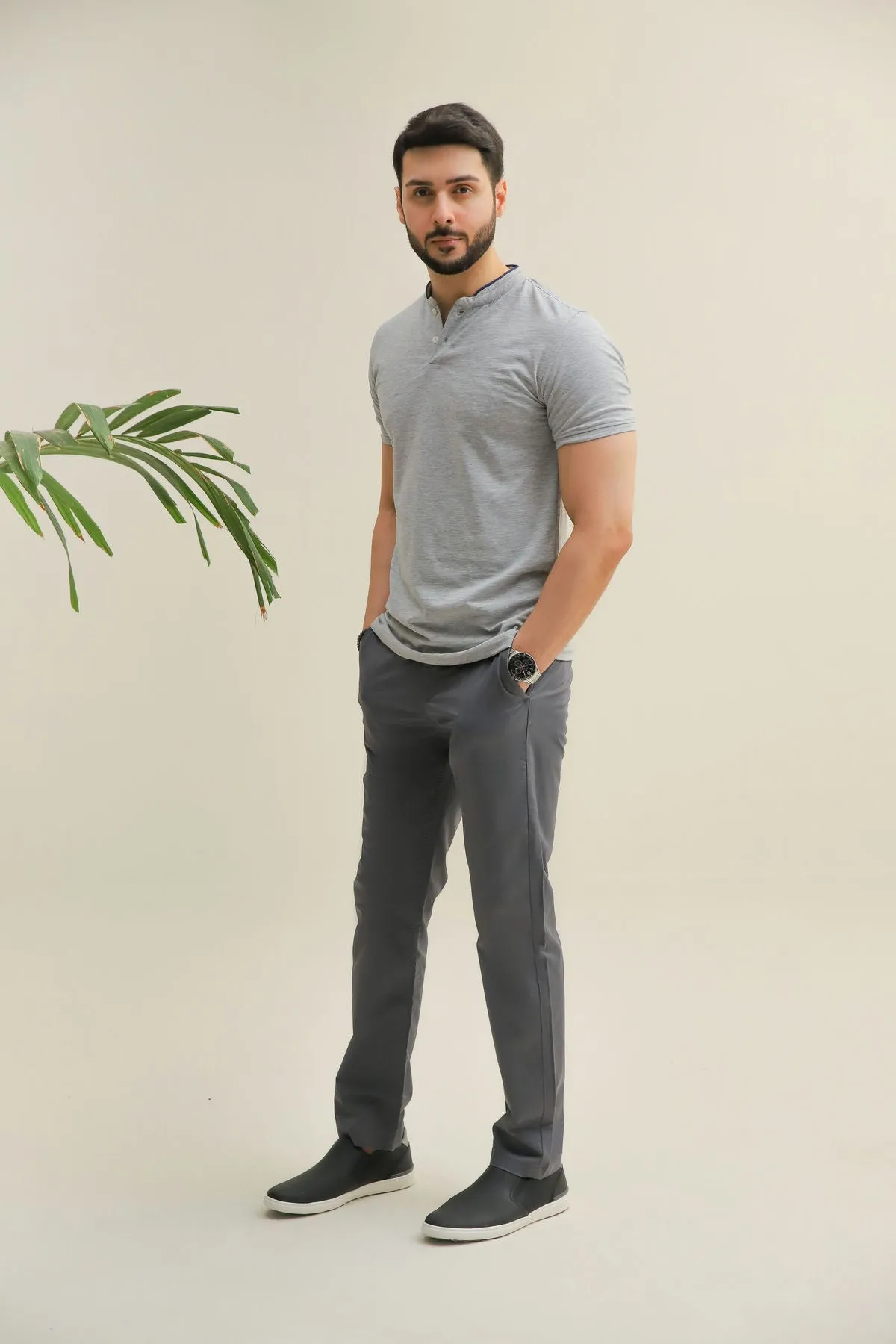 Henley Collar T-Shirt For Men - Heather Grey