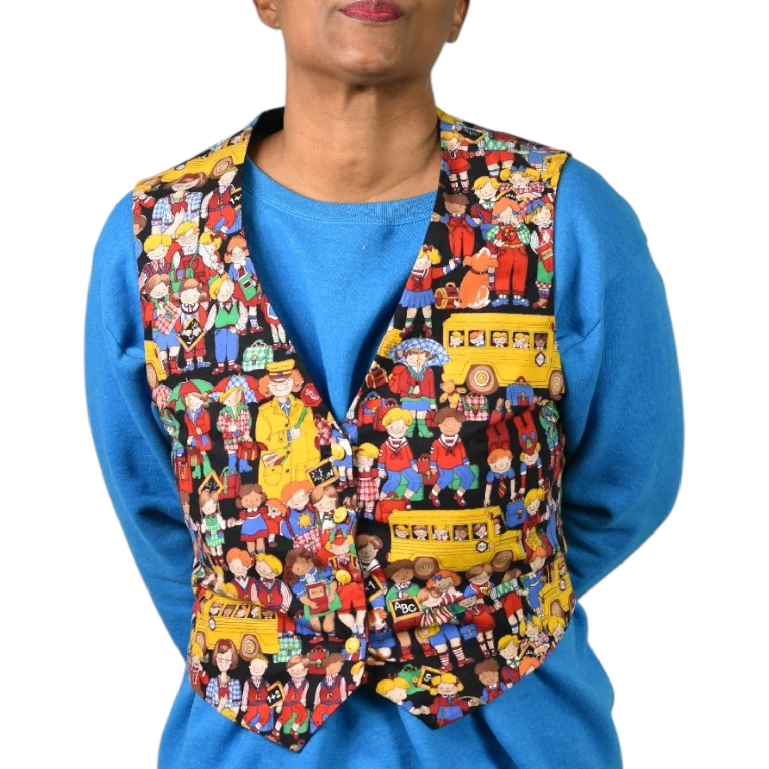 Homemade School Bus Teacher Vest Kids Bus Button Front Cotton Novelty Waistcoat Cartoon Small