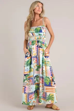 In The Sand Sky Blue Tropical Print Maxi Dress