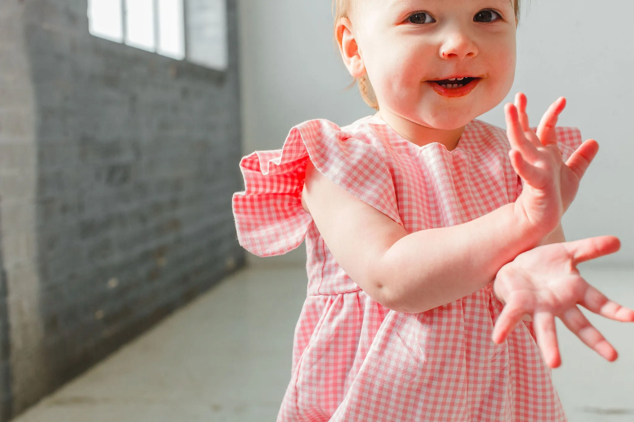 Infant Girl's Pink Gingham Ruffle Sleeve Romper