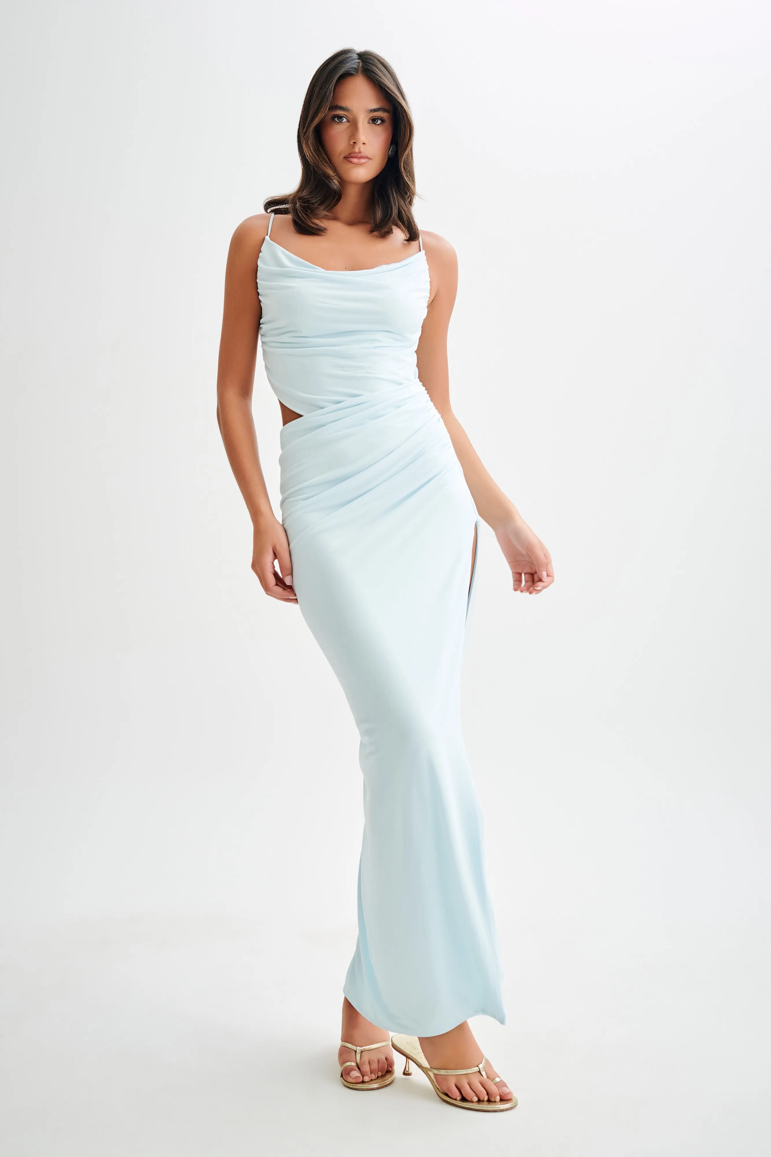 Jemma Draped Slinky Maxi Dress - Sky Blue