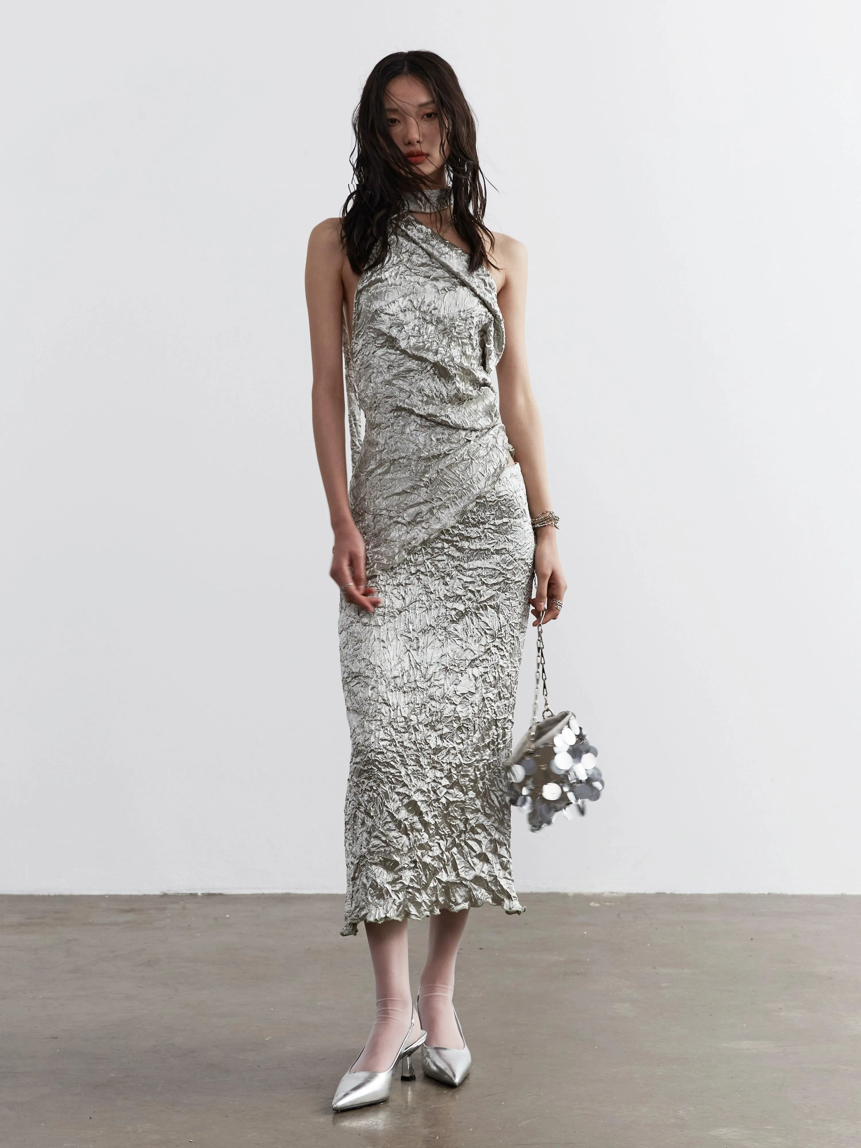 Jnylon Studio Metallic Crinkle One-Shoulder Maxi Dress - Women'S Silver Textured Evening Gown With Asymmetric Strap