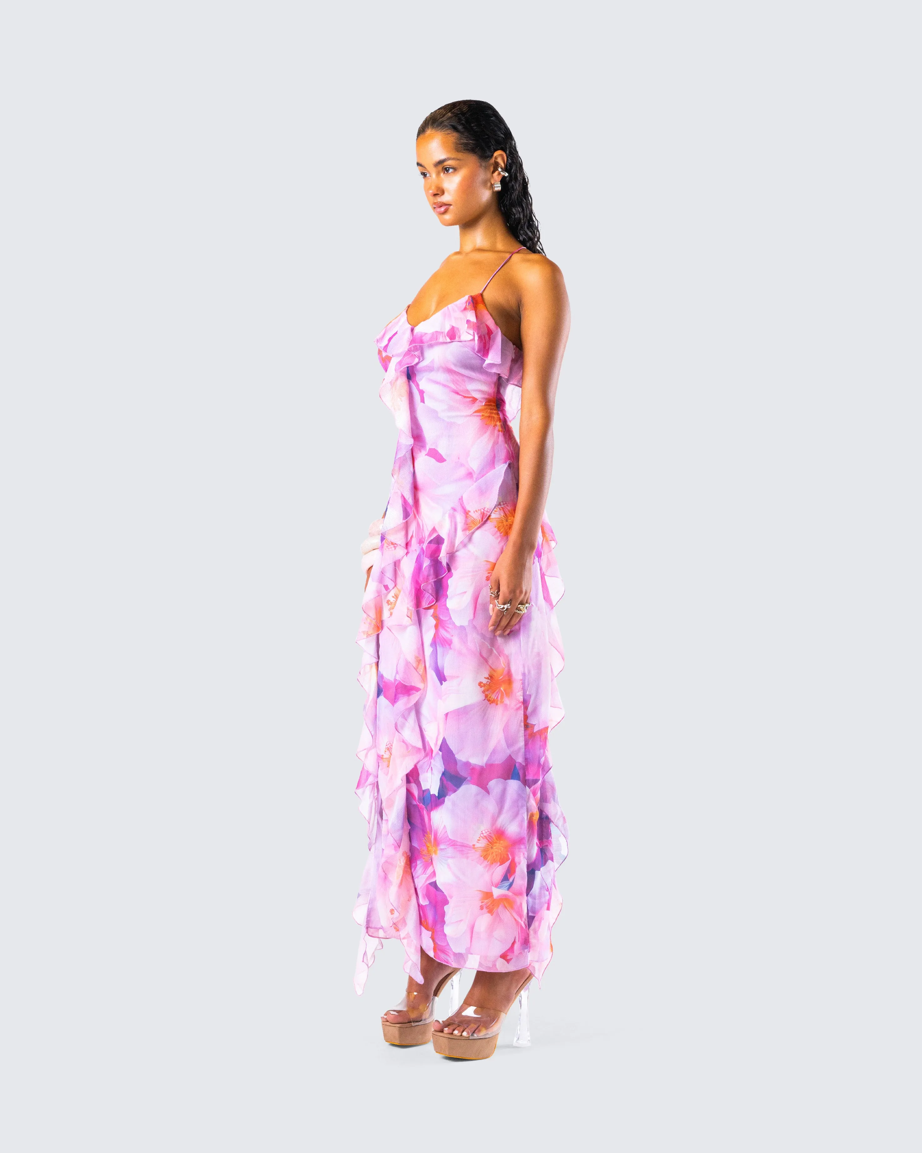 Kenya Pink Floral Ruffle Maxi Dress