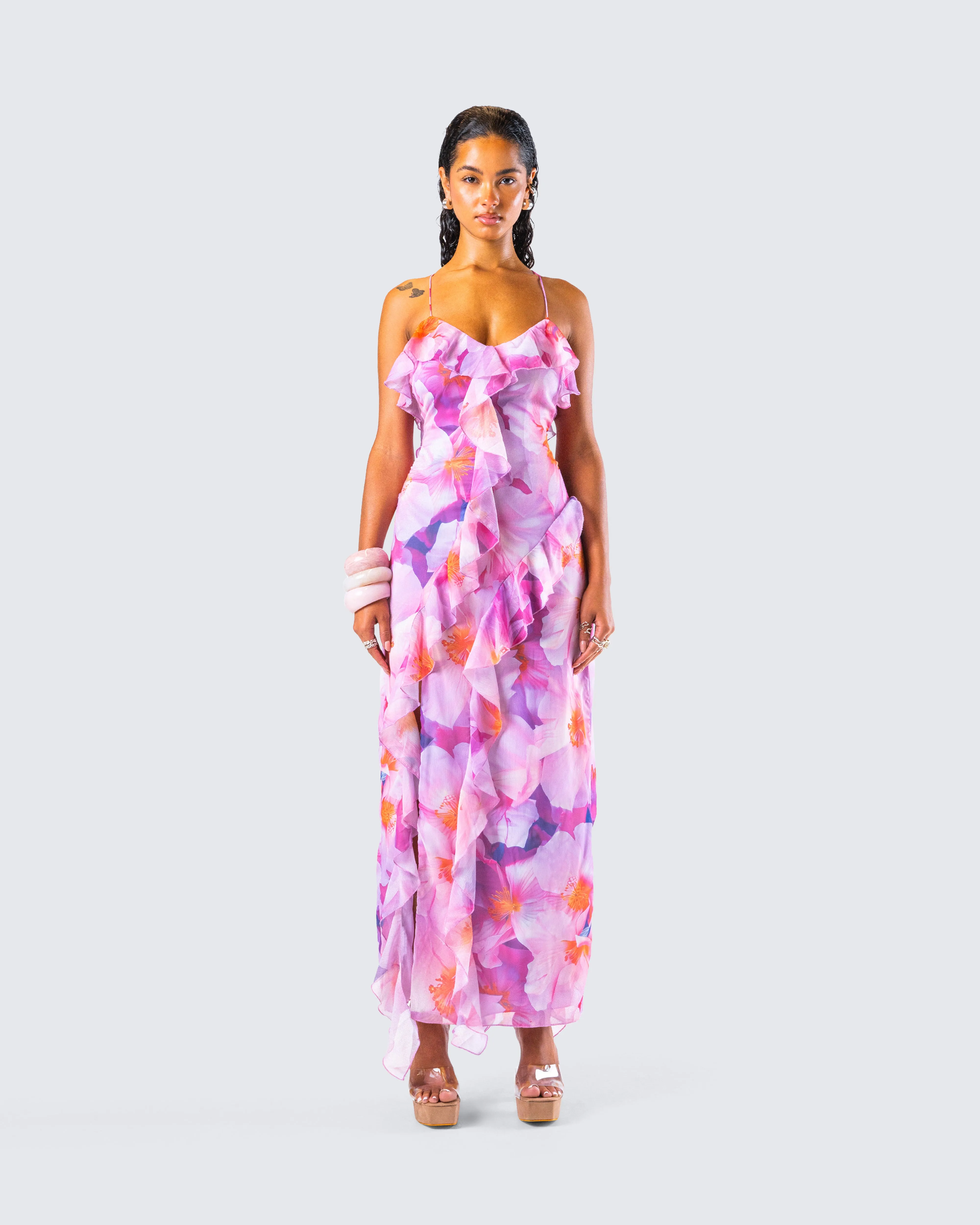 Kenya Pink Floral Ruffle Maxi Dress