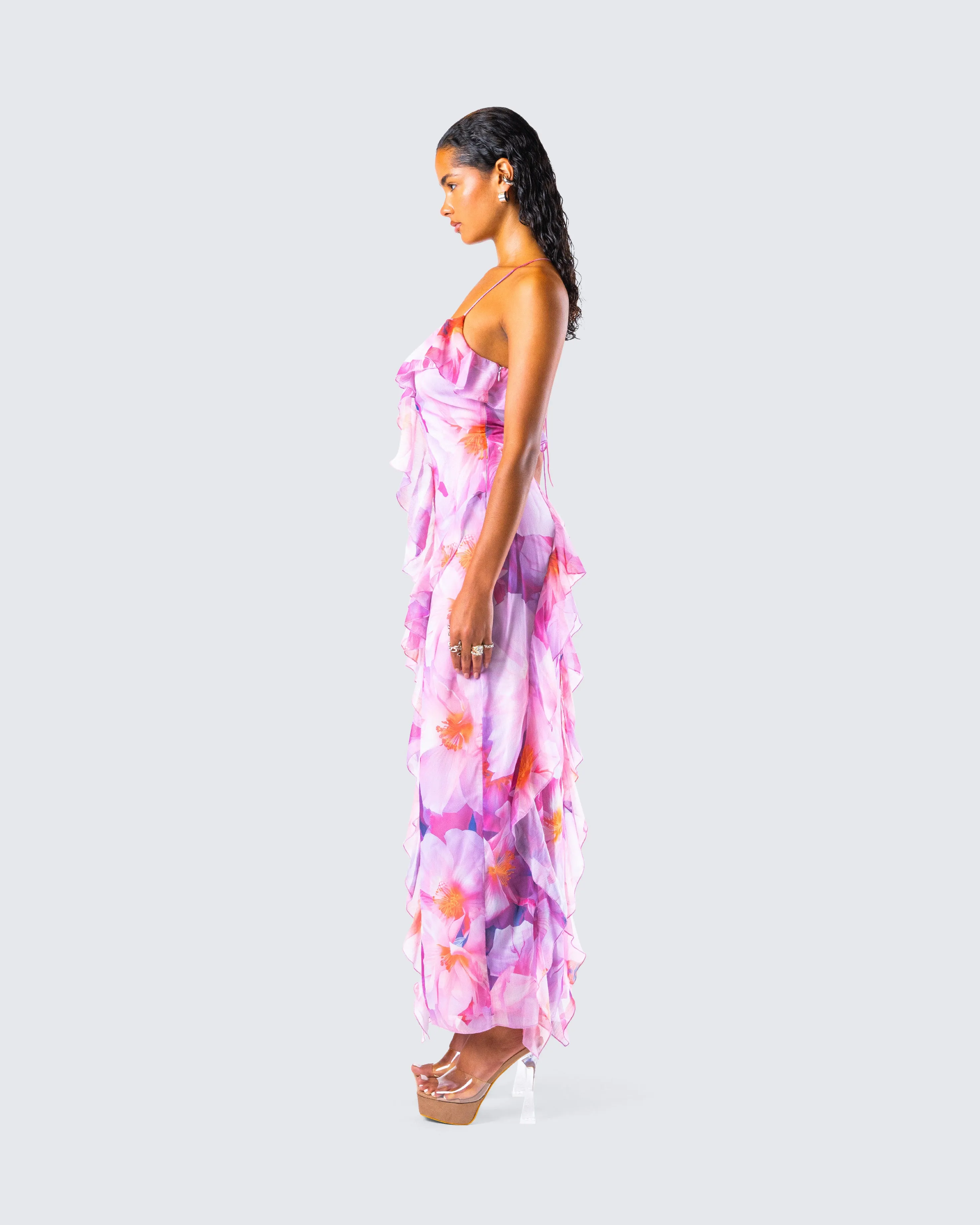 Kenya Pink Floral Ruffle Maxi Dress