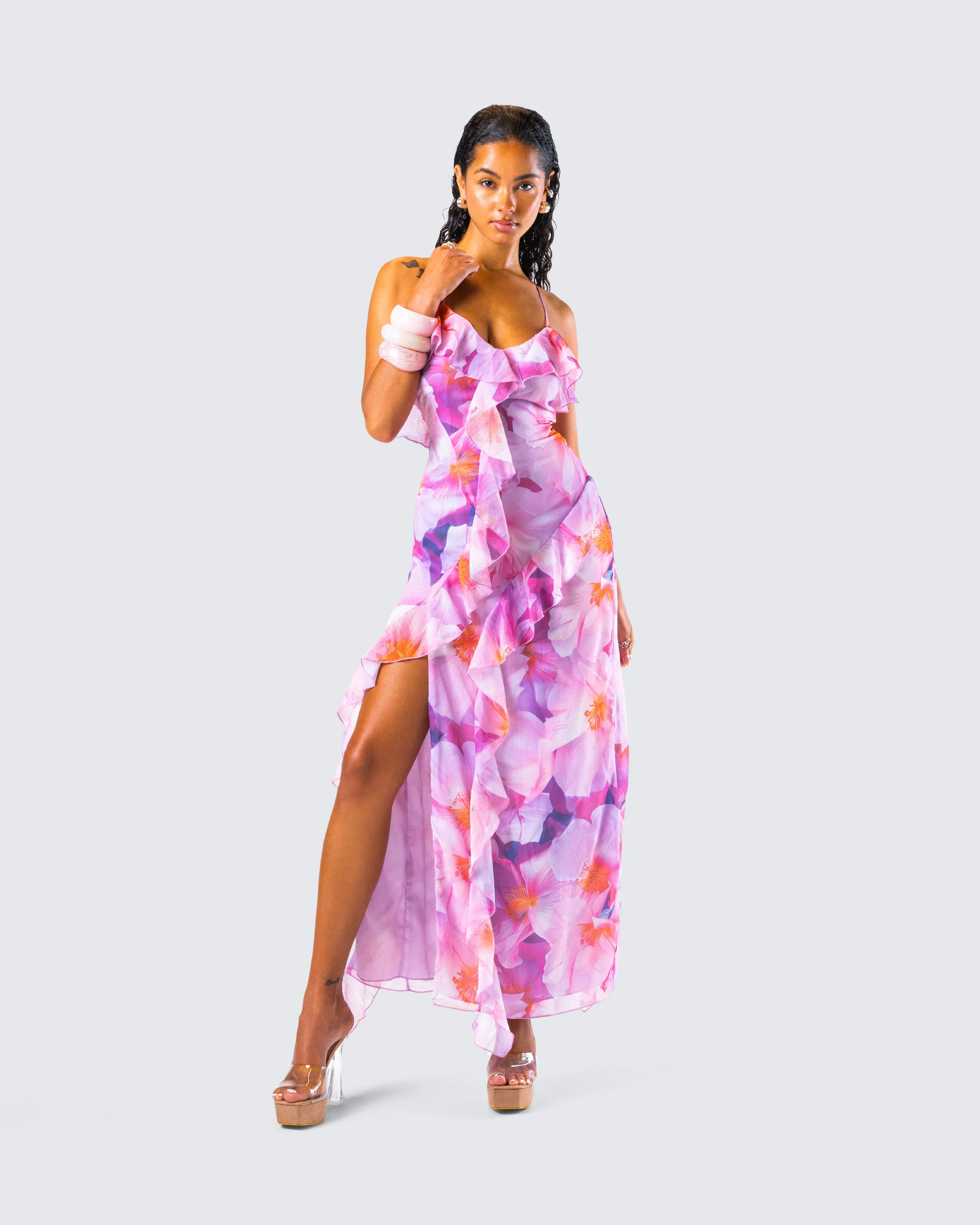 Kenya Pink Floral Ruffle Maxi Dress