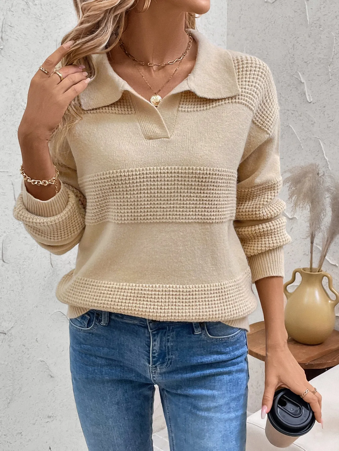 Knitted Sweater Long-sleeved Lapel Solid Color Sweater