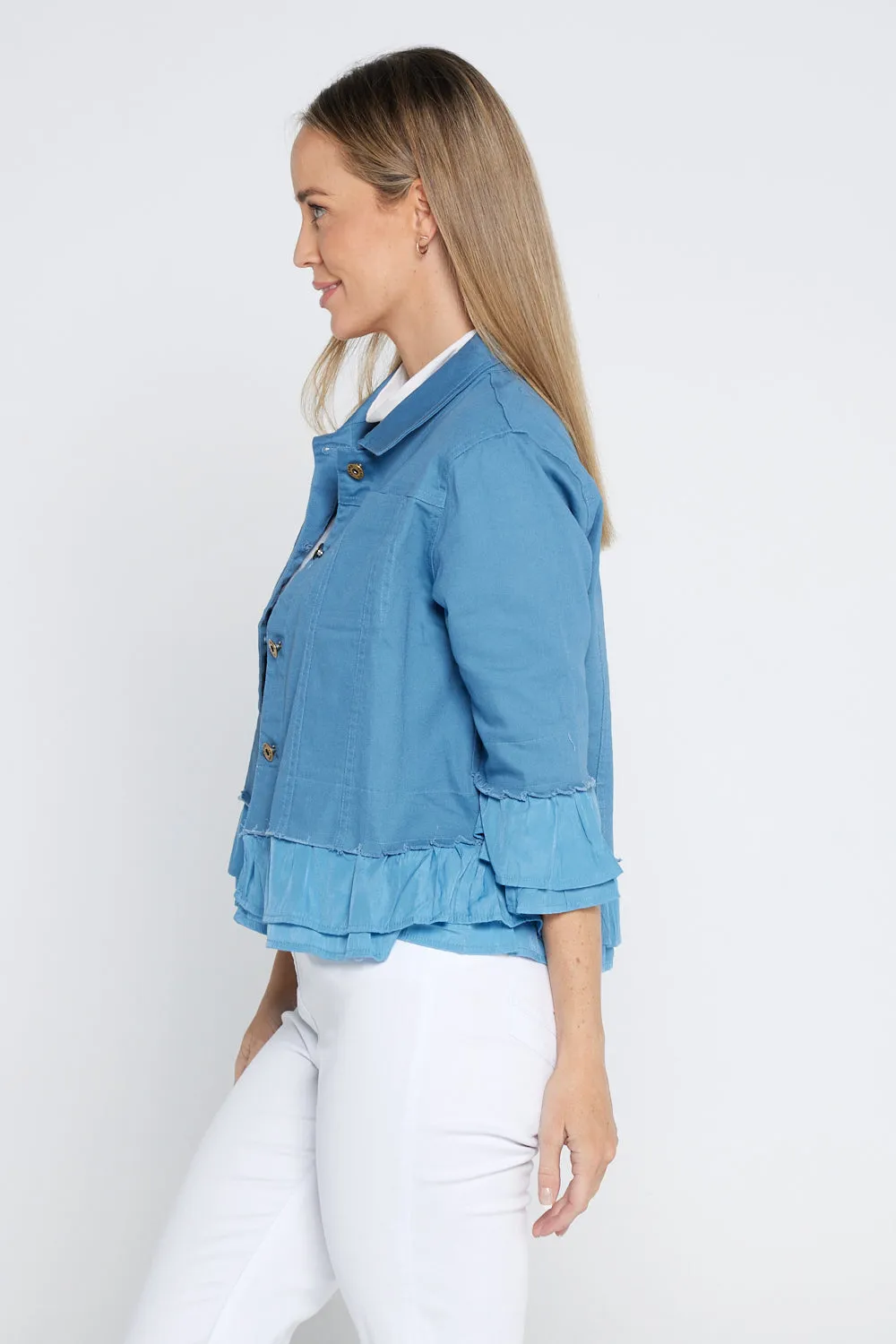 Leelah Cropped Ruffle Denim Jacket - Blue