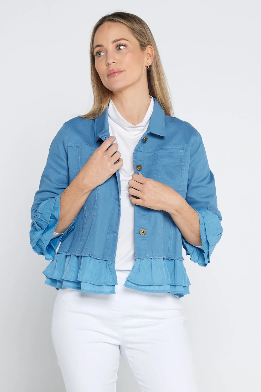 Leelah Cropped Ruffle Denim Jacket - Blue