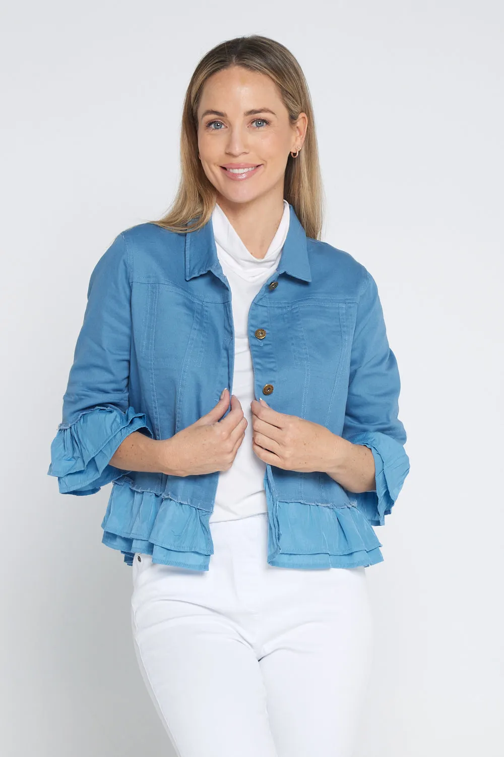 Leelah Cropped Ruffle Denim Jacket - Blue