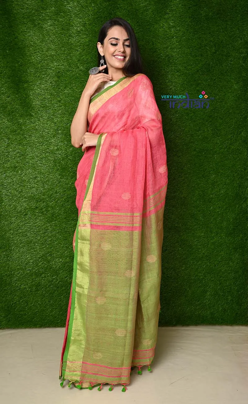 Linen Saree – Fresh Pink with Light Gold and Green border