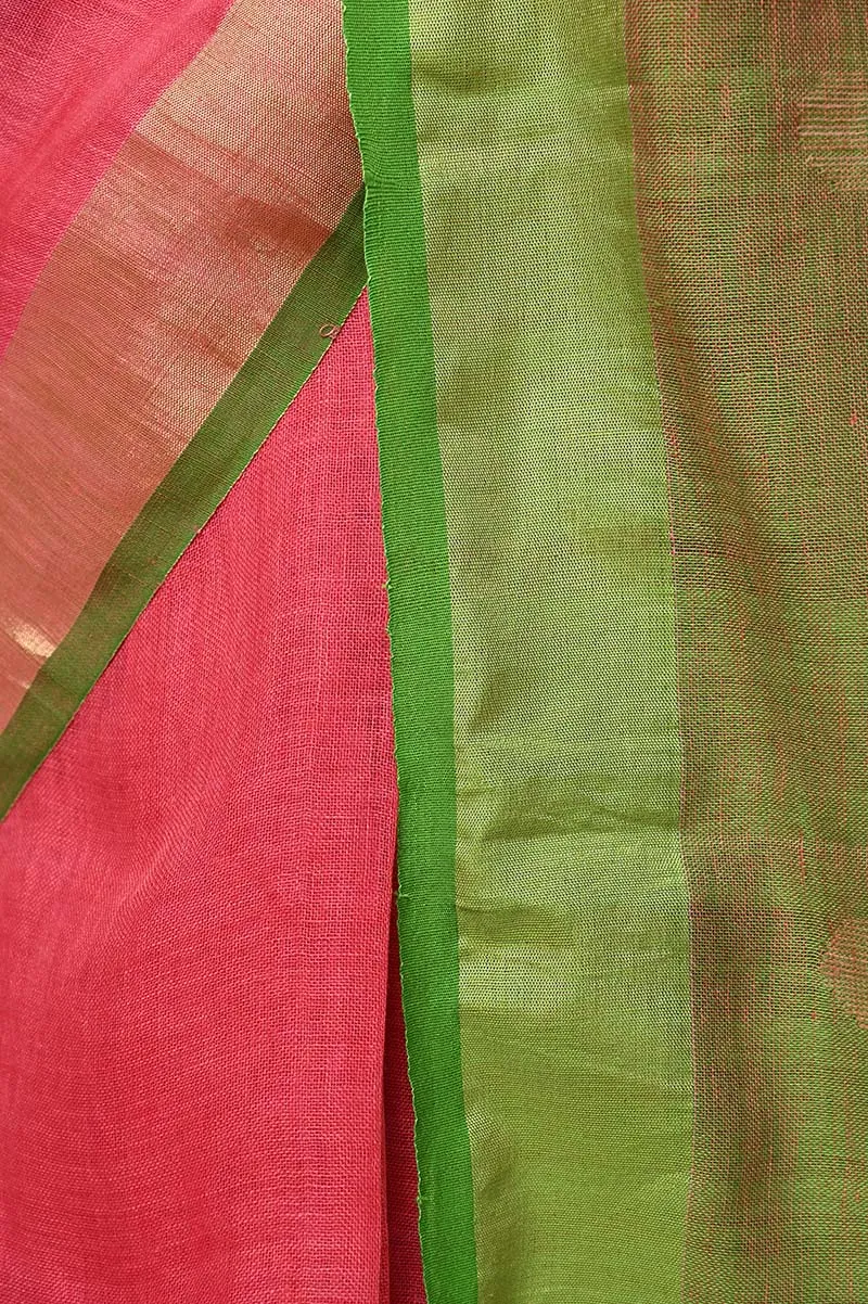 Linen Saree – Fresh Pink with Light Gold and Green border