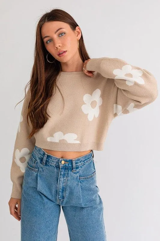 Long Sleeve Crop Sweater With Daisy Pattern