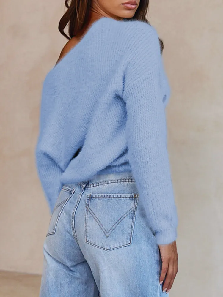 Long Sleeve Wrap V Neck Crop Pullover Sweater