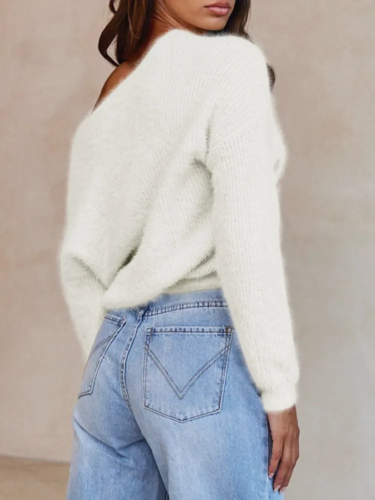 Long Sleeve Wrap V Neck Crop Pullover Sweater