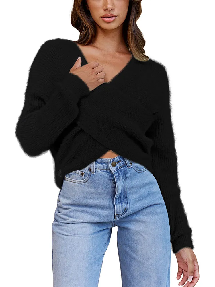 Long Sleeve Wrap V Neck Crop Pullover Sweater