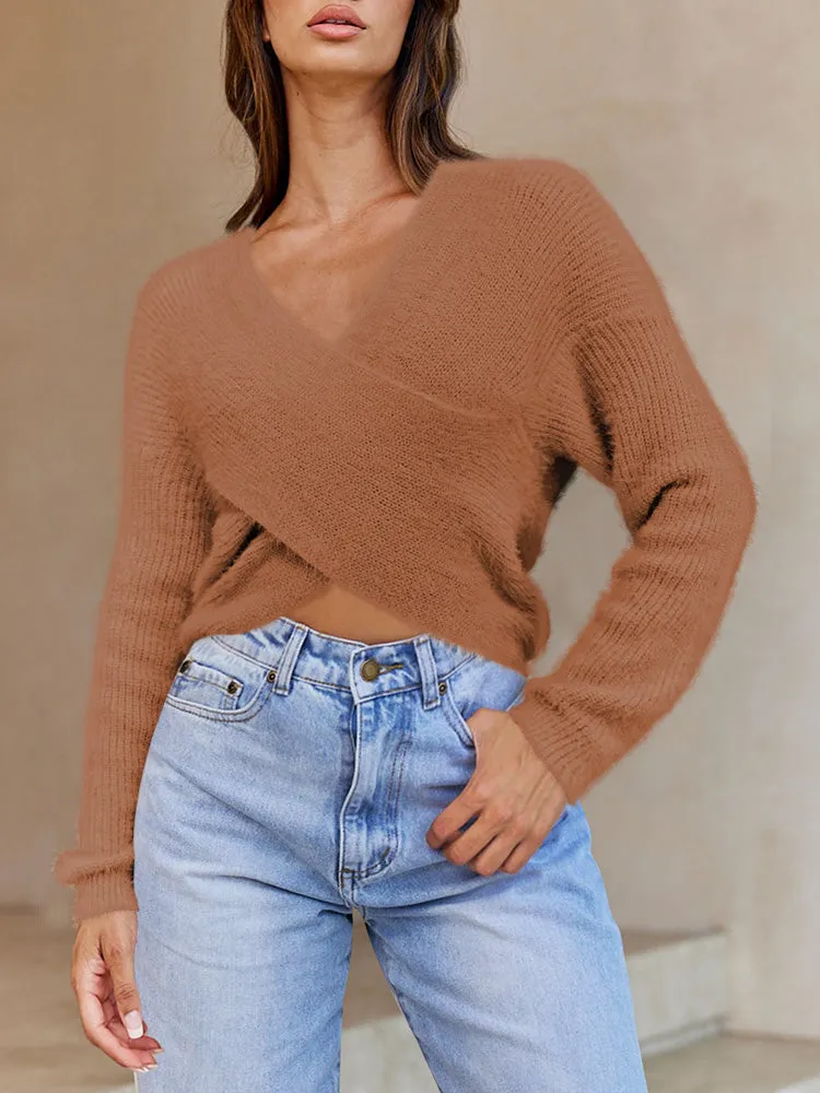 Long Sleeve Wrap V Neck Crop Pullover Sweater