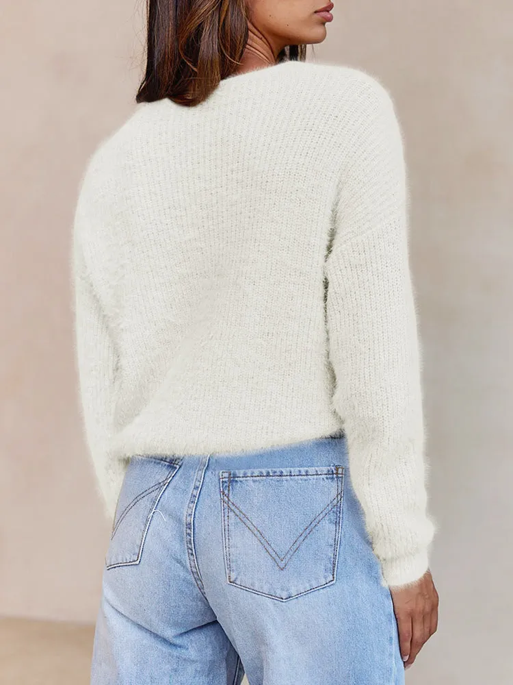 Long Sleeve Wrap V Neck Crop Pullover Sweater