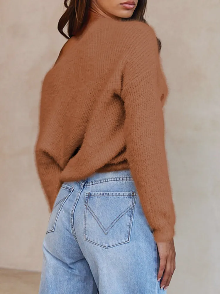 Long Sleeve Wrap V Neck Crop Pullover Sweater