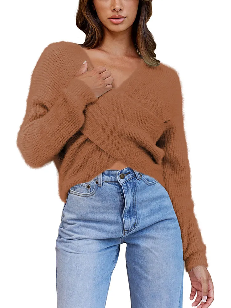 Long Sleeve Wrap V Neck Crop Pullover Sweater