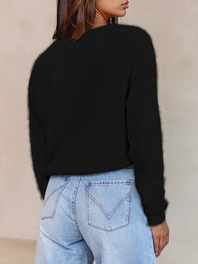 Long Sleeve Wrap V Neck Crop Pullover Sweater