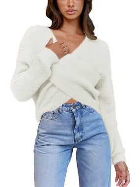 Long Sleeve Wrap V Neck Crop Pullover Sweater