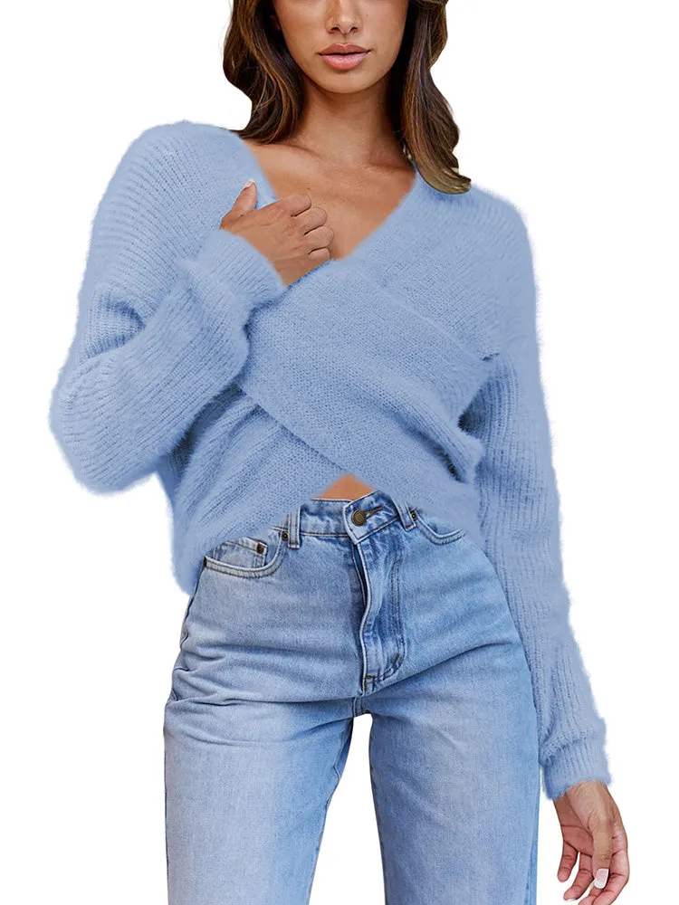 Long Sleeve Wrap V Neck Crop Pullover Sweater