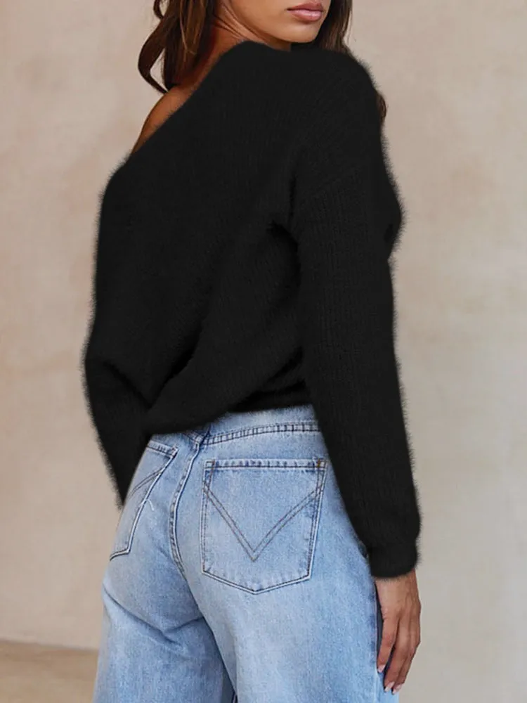 Long Sleeve Wrap V Neck Crop Pullover Sweater