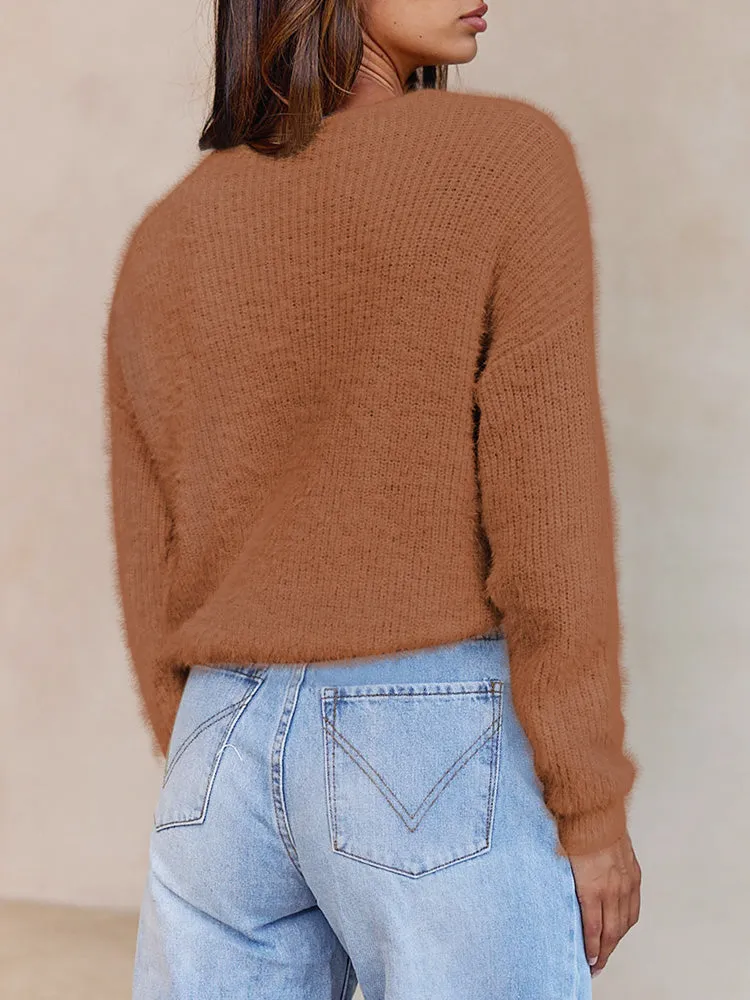 Long Sleeve Wrap V Neck Crop Pullover Sweater