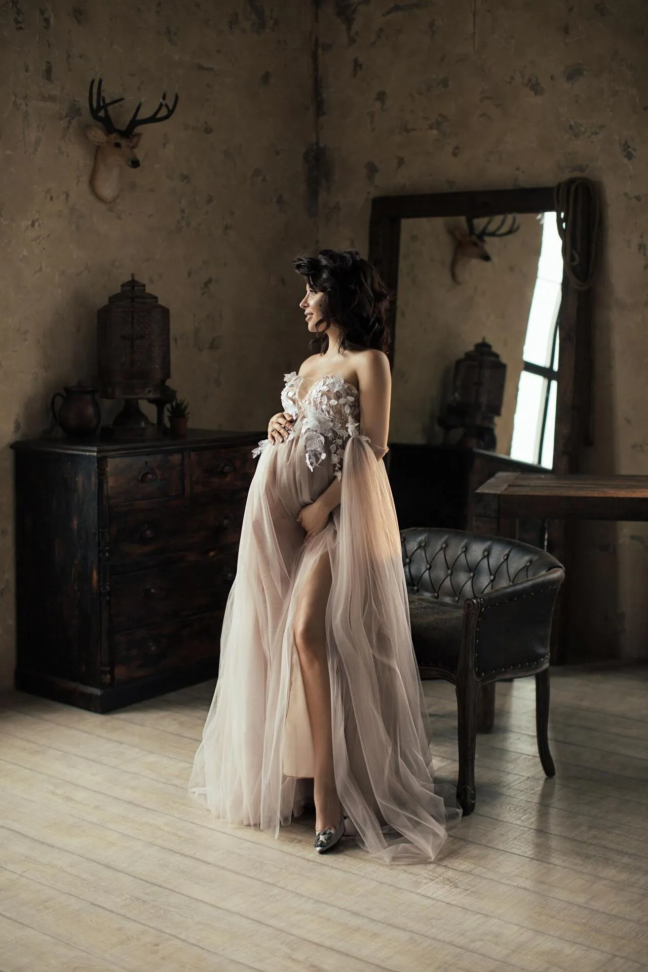 Luxury Champagne Tulle Maternity Photoshoot Dress W1021