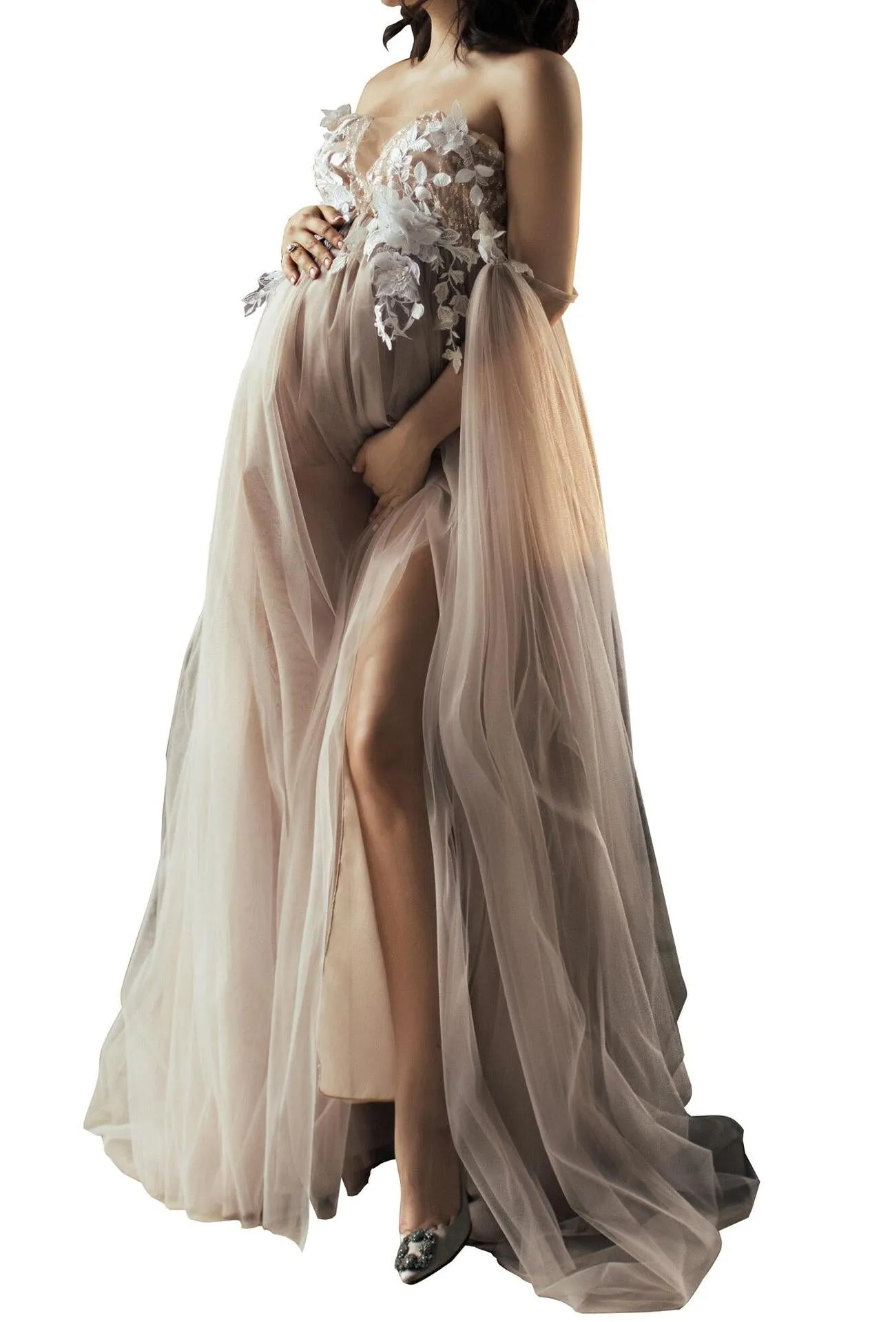 Luxury Champagne Tulle Maternity Photoshoot Dress W1021