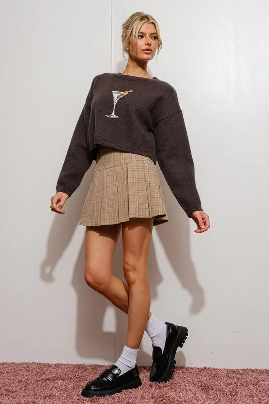 Martini Intarsia Knit Crew Neck Crop Sweater - Chocolate