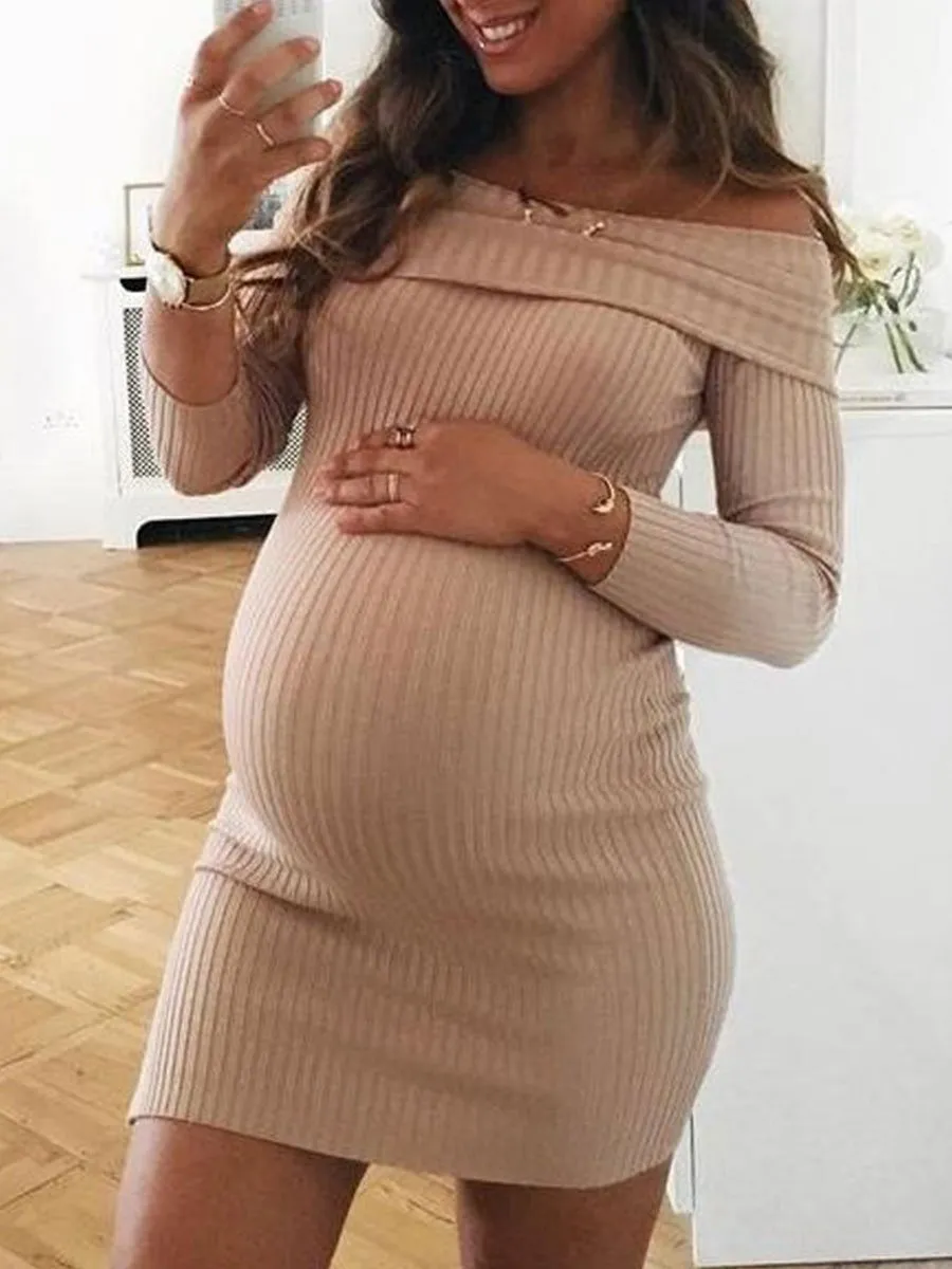 Maternity Solid Color Shoulder Dress