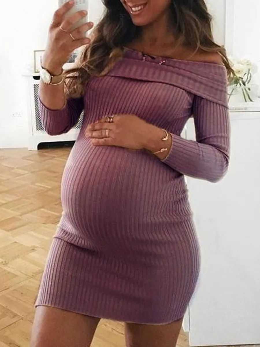 Maternity Solid Color Shoulder Dress