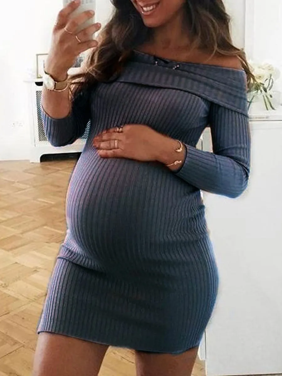 Maternity Solid Color Shoulder Dress