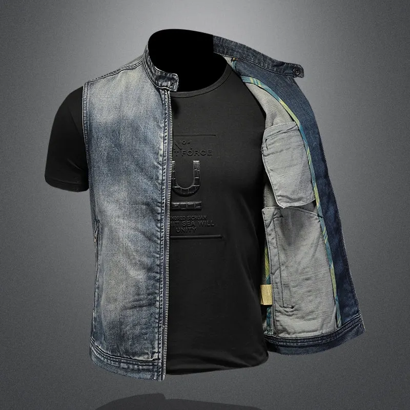 Men's Vintage Denim Zipper Motorcycle Vest