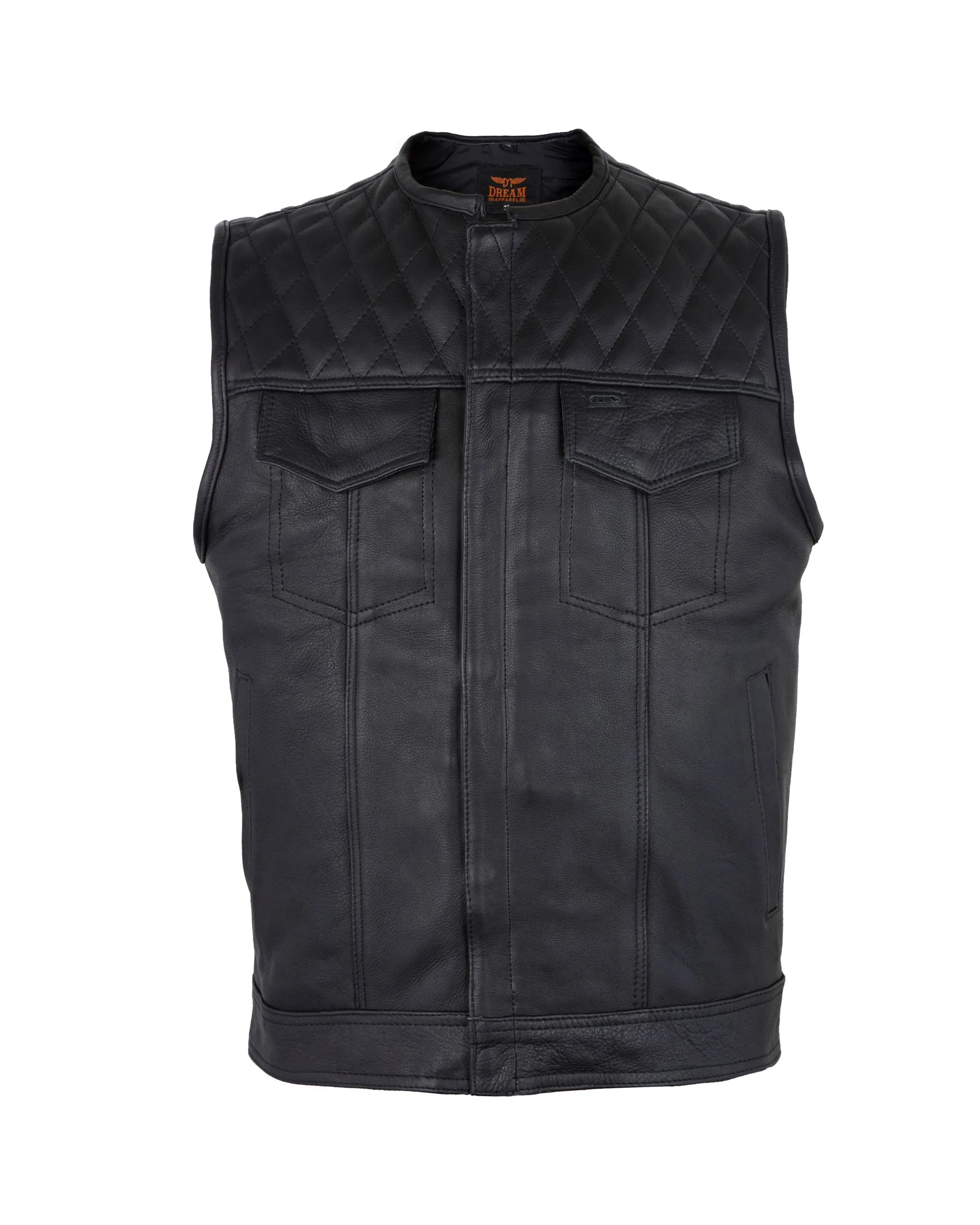 Men's Zippered 1/2" Collar Motorcycle Club Vest with Diamond Padded Shoulder Conceal Carry Pockets