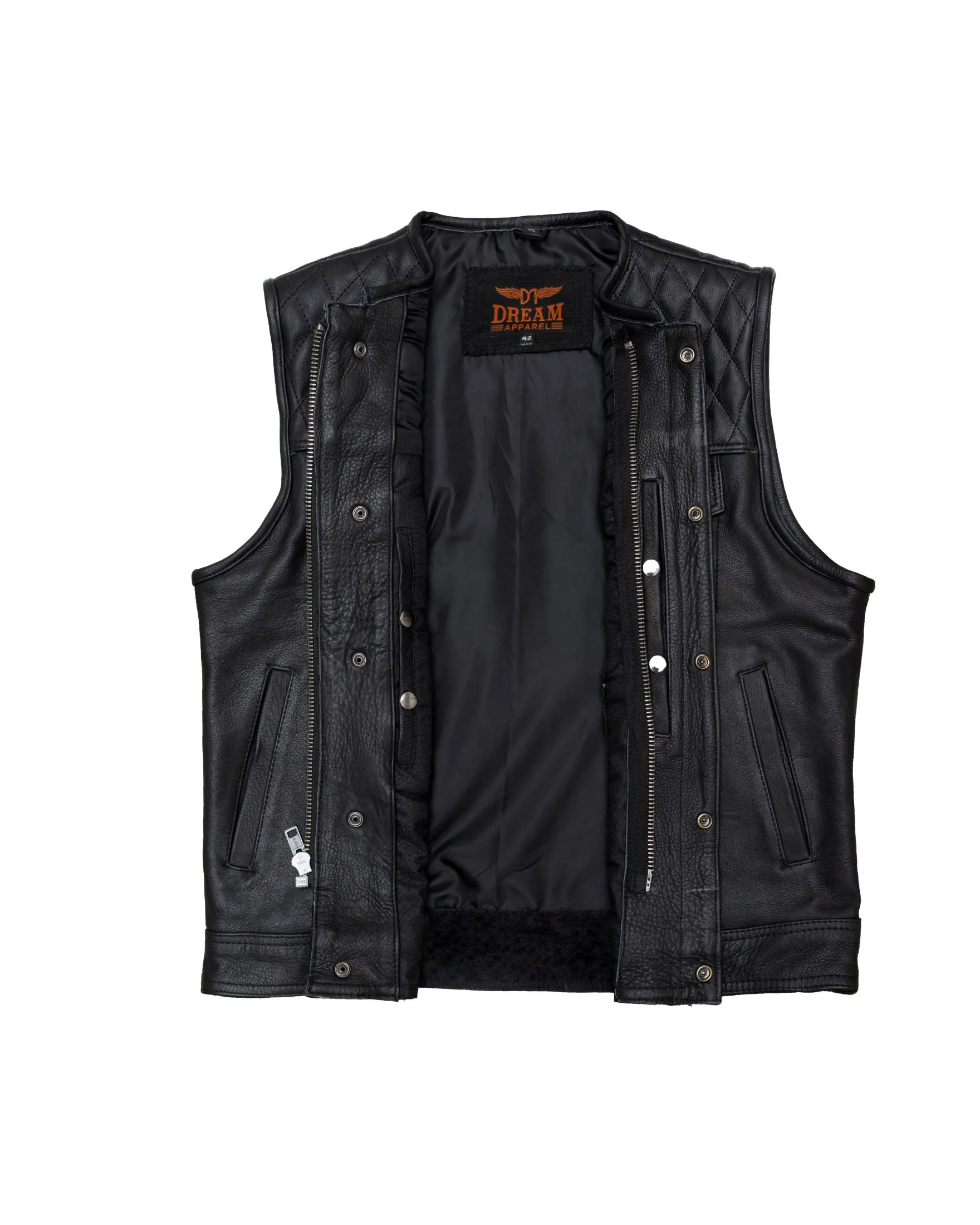 Men's Zippered 1/2" Collar Motorcycle Club Vest with Diamond Padded Shoulder Conceal Carry Pockets