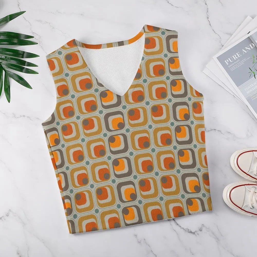 Mid-Century Modern Mod Vest - Orange Mustard Yellow Geometric Knit Top