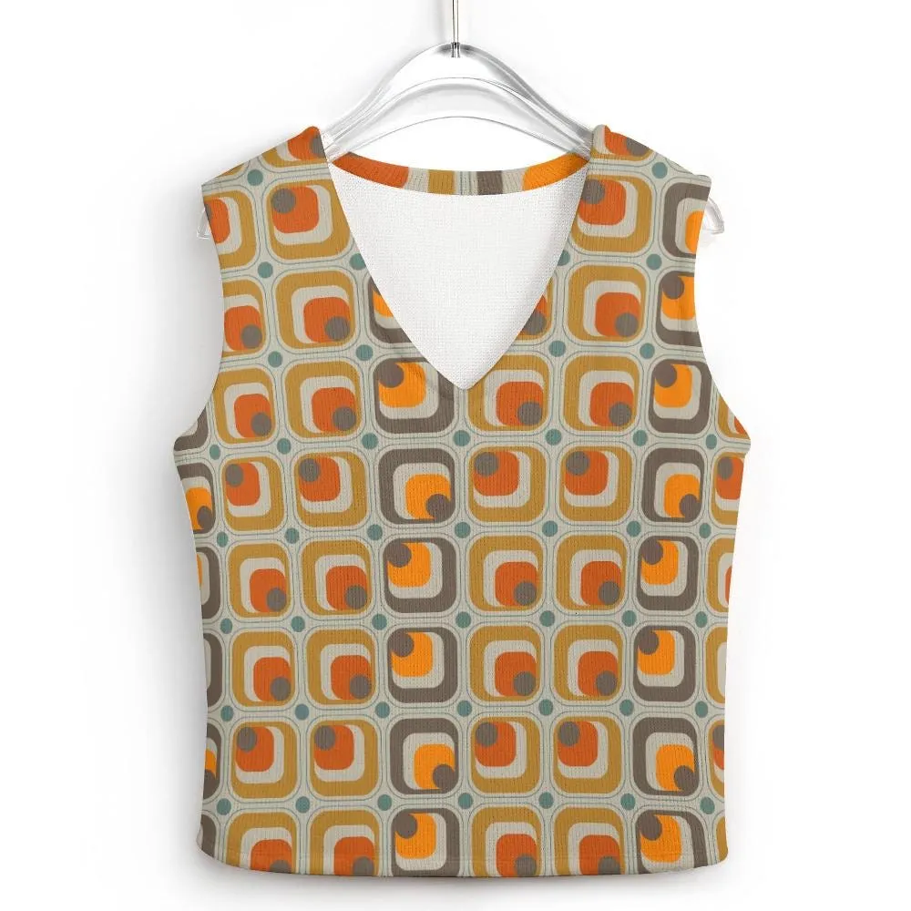 Mid-Century Modern Mod Vest - Orange Mustard Yellow Geometric Knit Top