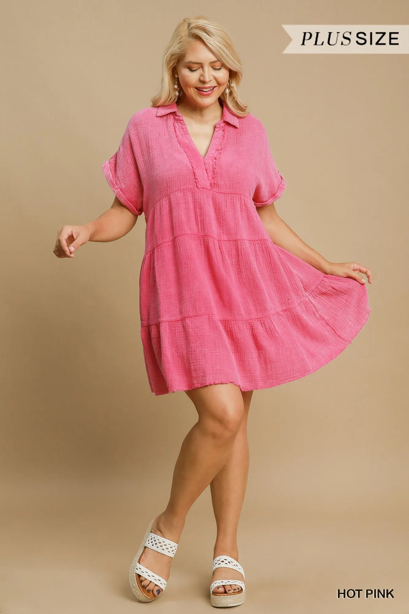 Mineral Wash Tiered Babydoll Dress with Frayed Details