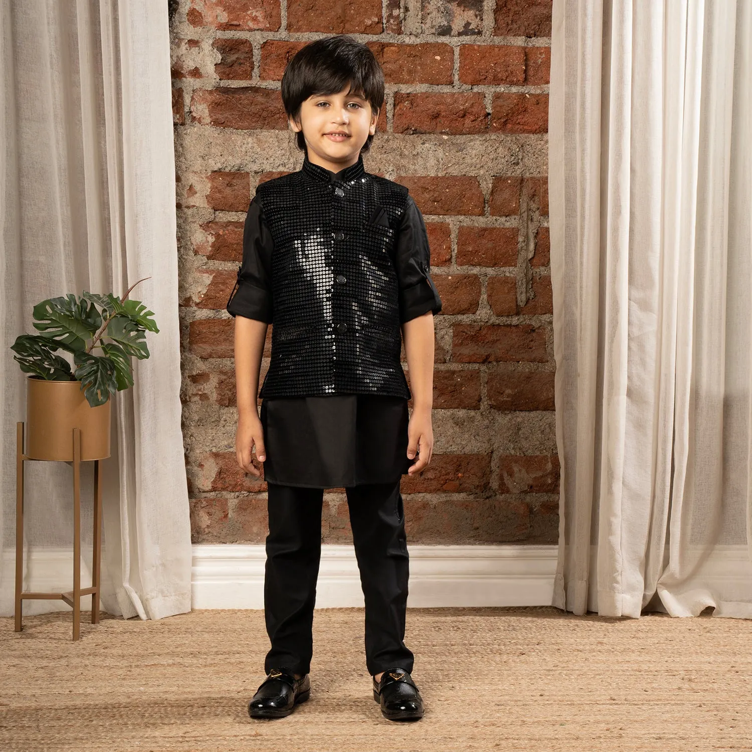 Ministitch full sleeves kurta pyjama set with sequin Jacket for boys - Black