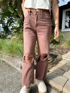 Mocha Distressed Cropped Denim Jeans